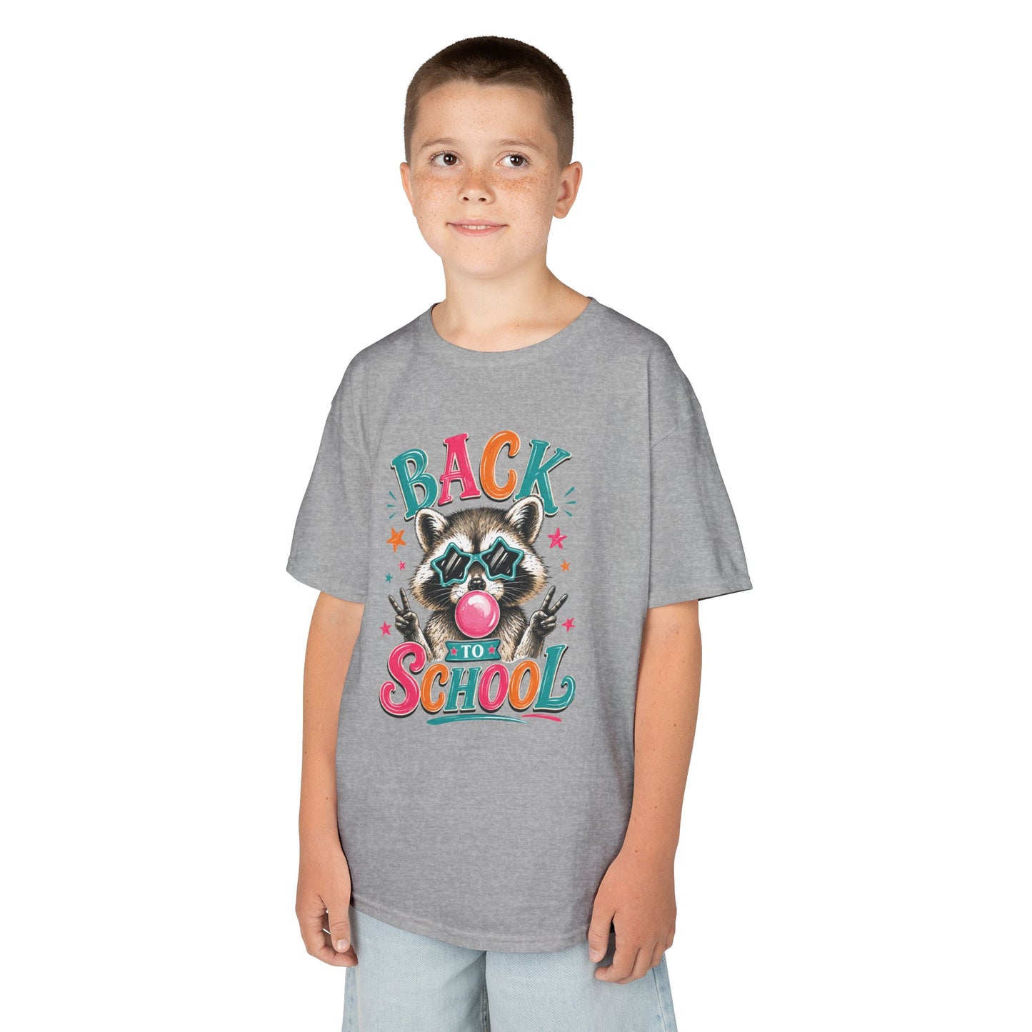 Kids heather grey short-sleeve tee with central raccoon Back to School graphic