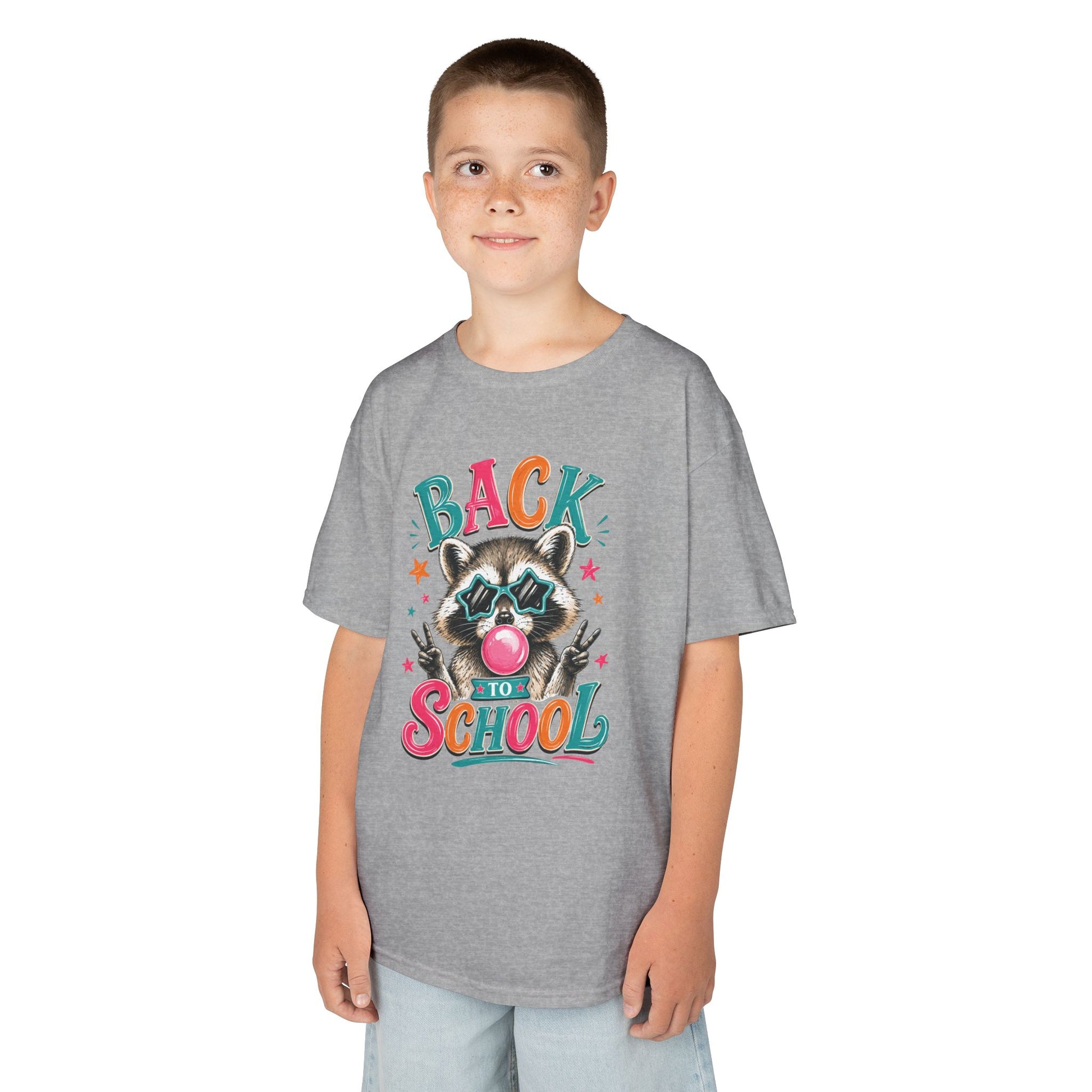 Kids heather grey short-sleeve tee with central raccoon Back to School graphic
