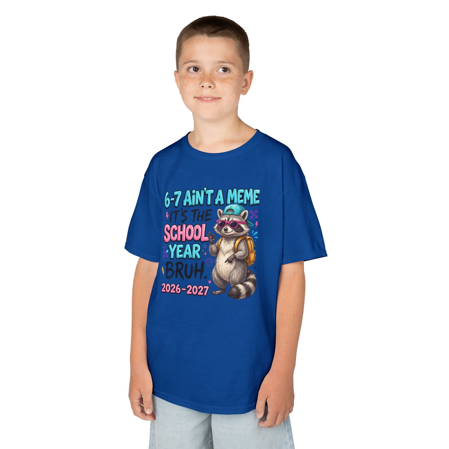 Royal blue kids graphic T-shirt with raccoon backpack meme print, worn by child