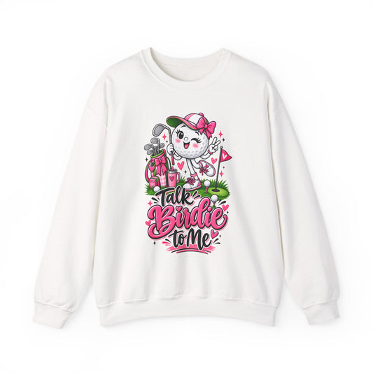 White crewneck sweatshirt with cute golf cat graphic and pink floral hearts design