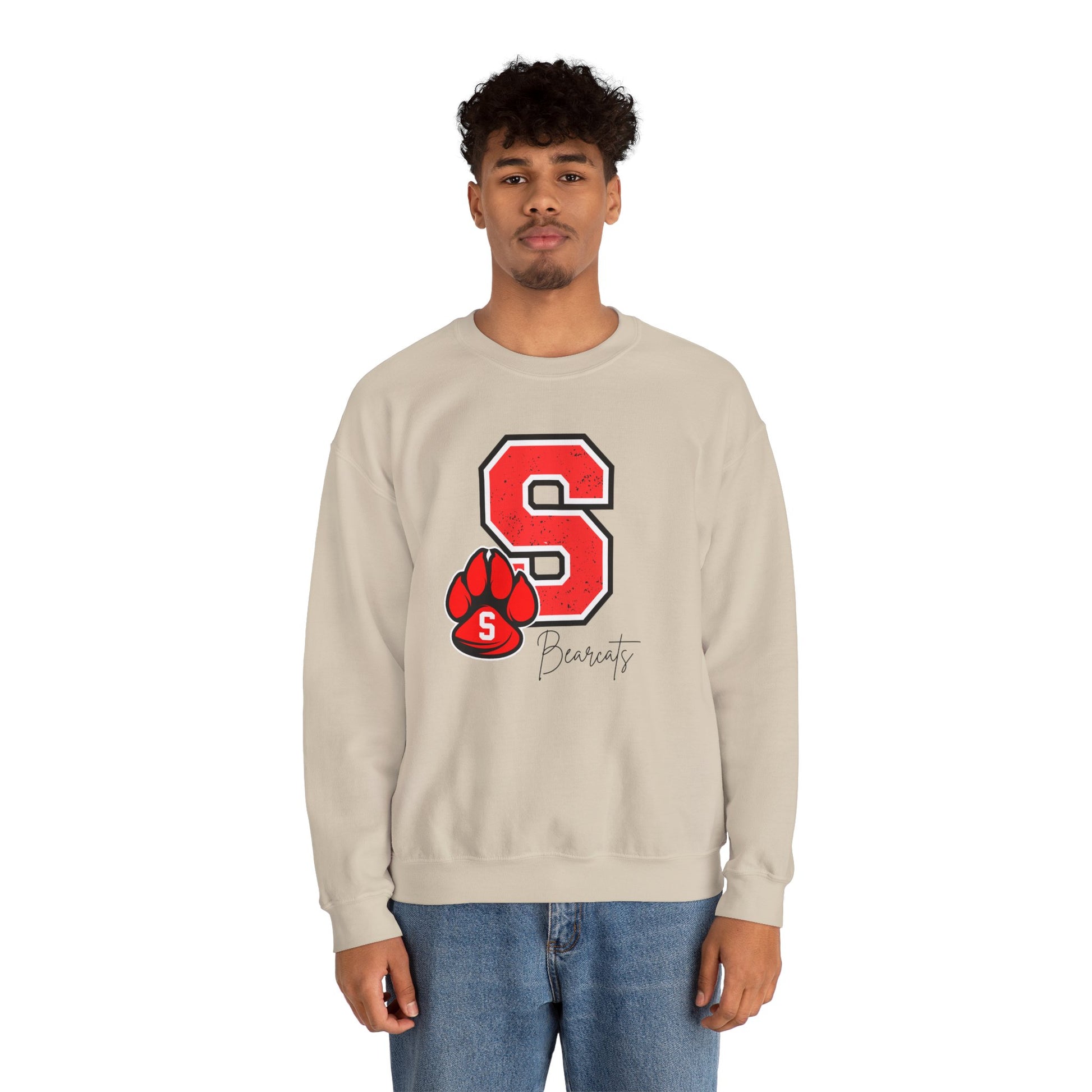Beige crewneck sweatshirt with red varsity S and paw print graphic at center chest