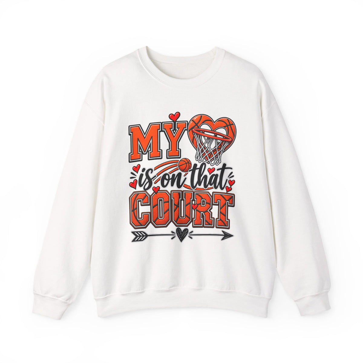 White crewneck sweatshirt with basketball heart graphic and text design on the chest