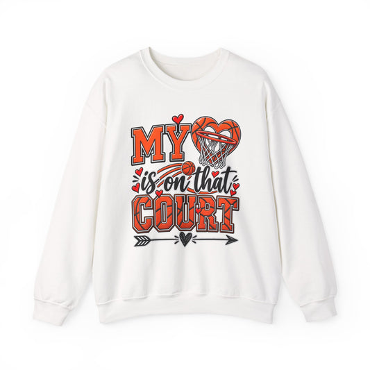 White crewneck sweatshirt with basketball heart graphic and text design on the chest