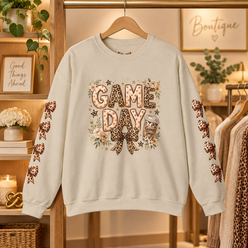 Sand crewneck sweatshirt with leopard bow sleeves and “GAME DAY” front graphic