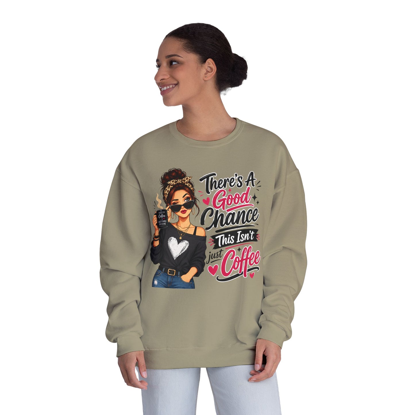Olive crewneck sweatshirt with woman holding coffee graphic and slogan, worn