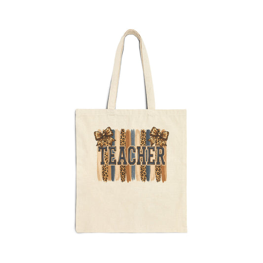 Natural canvas tote bag with leopard-stripe “Teacher” graphic