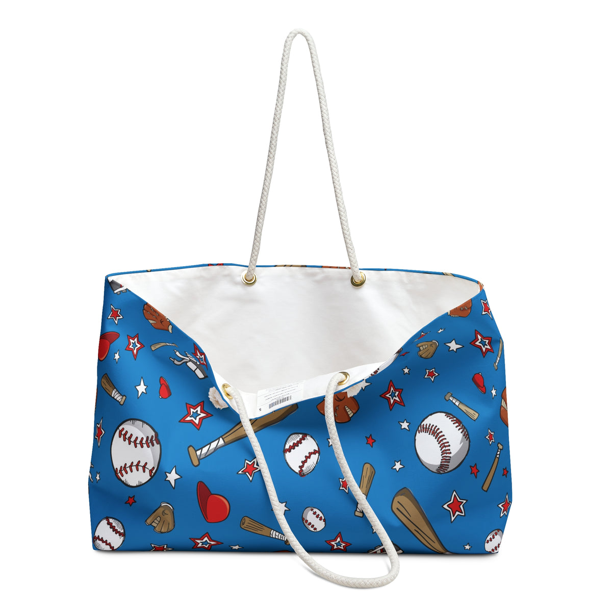 Blue baseball print tote bag with white interior lining and rope handles