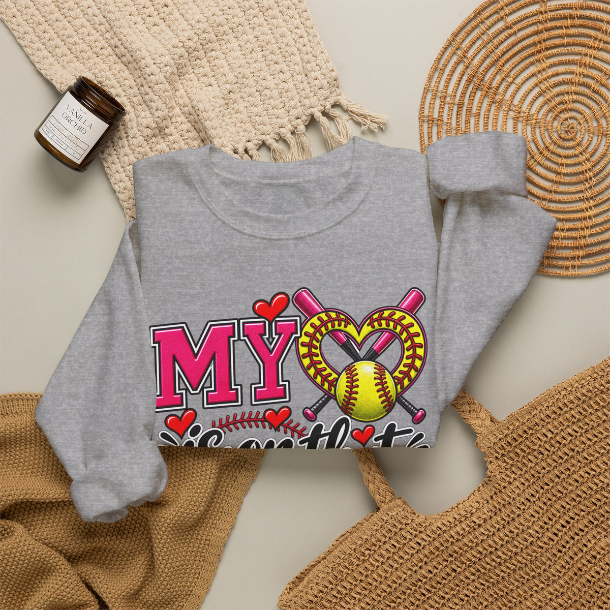 Gray crewneck sweatshirt with colorful softball heart graphic on chest