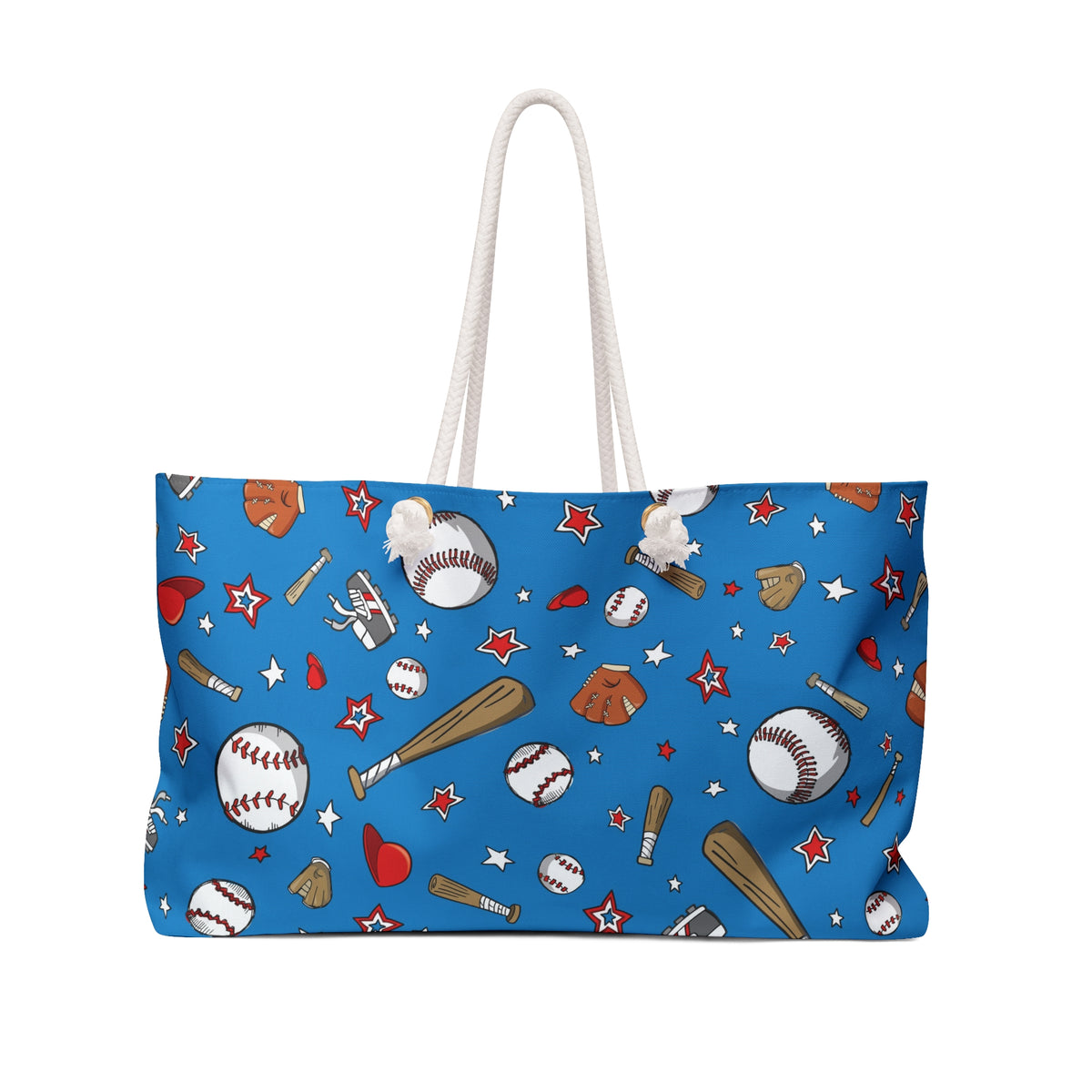Blue patterned tote bag with white rope handles and baseball-themed print