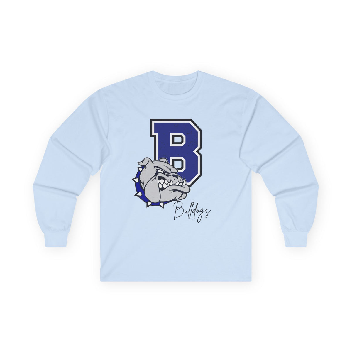 Light blue long-sleeve crewneck shirt with Bulldogs B bulldog logo on front