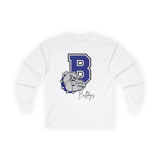 White long-sleeve crewneck shirt with Bulldogs B bulldog logo on front