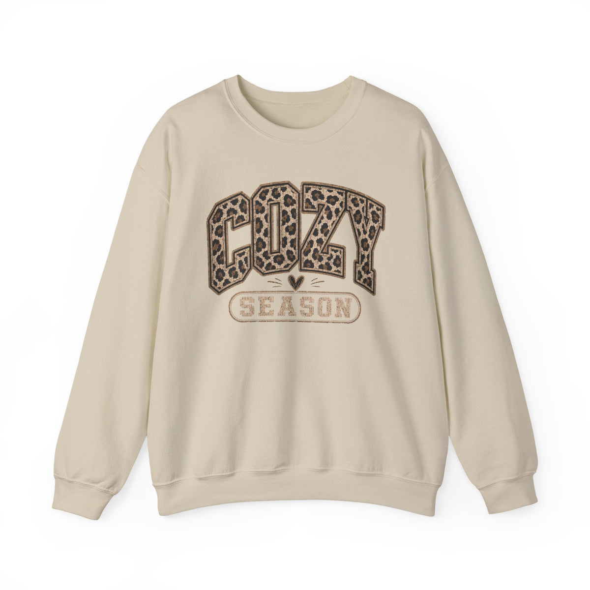 Sand crewneck sweatshirt with leopard-print “COZY” and “SEASON” front graphic