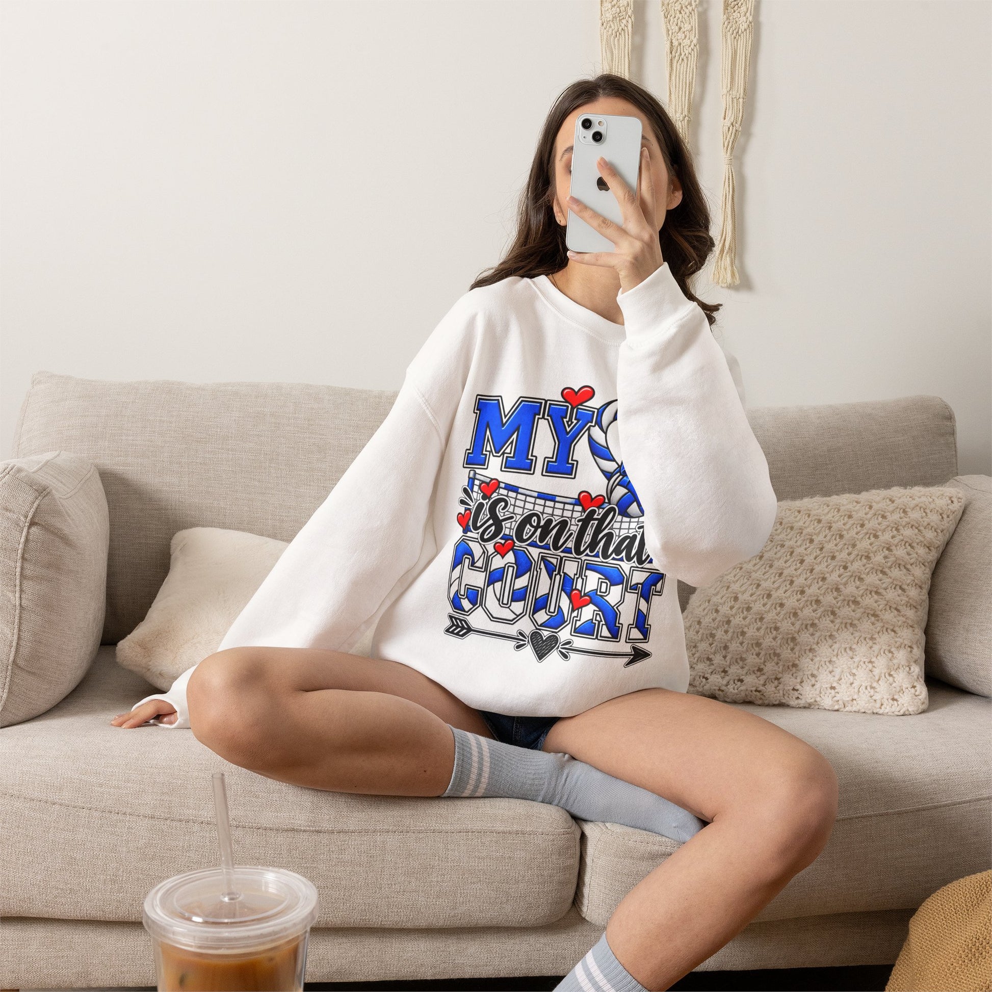 White volleyball sweatshirt worn with blue “My…court” graphic and heart accents