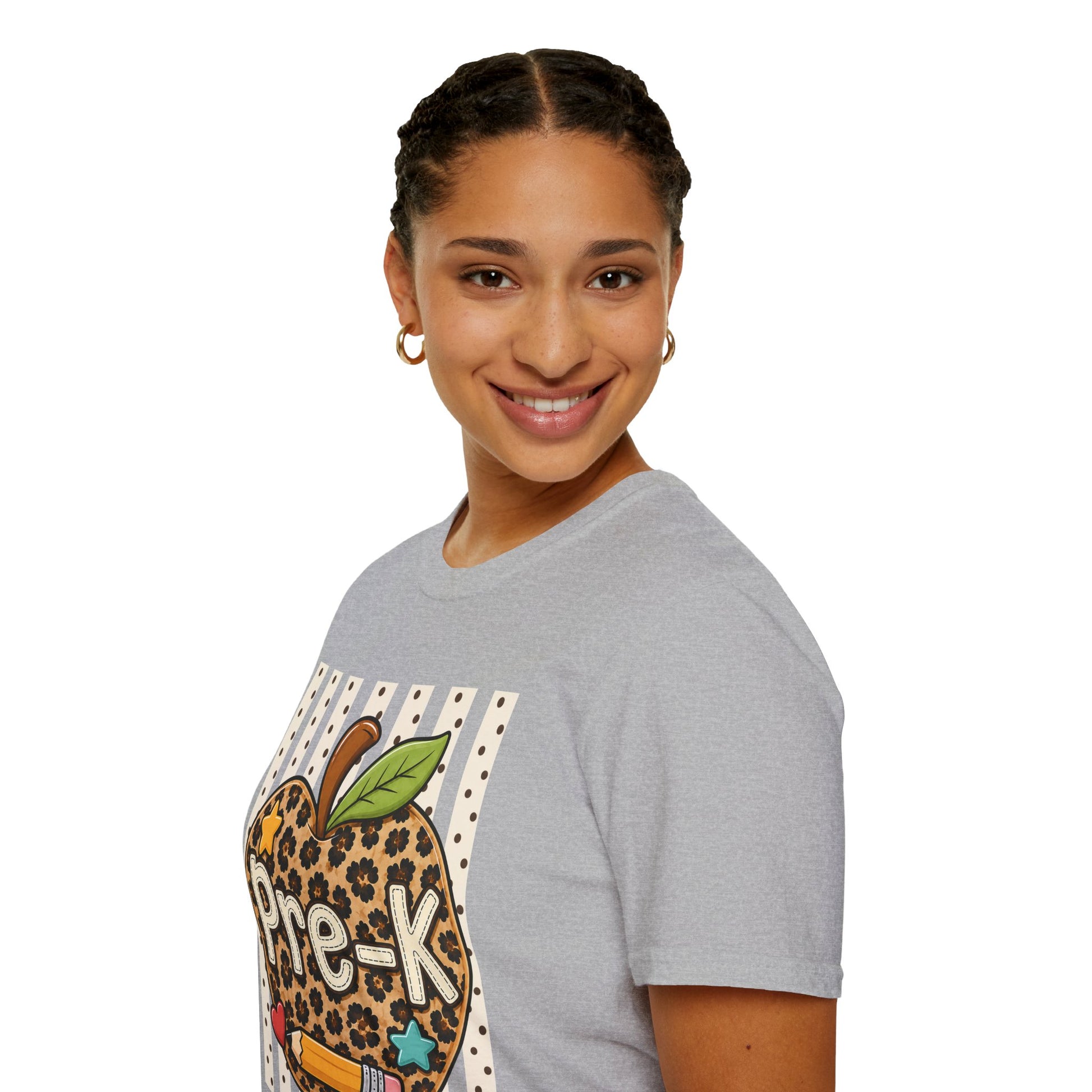 Sport grey preschool T-shirt with leopard apple Pre-K graphic, side view