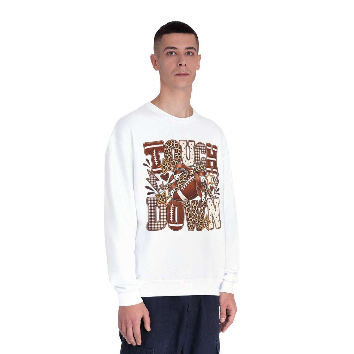 White crewneck sweatshirt worn, front view with brown football “Touchdown” graphic