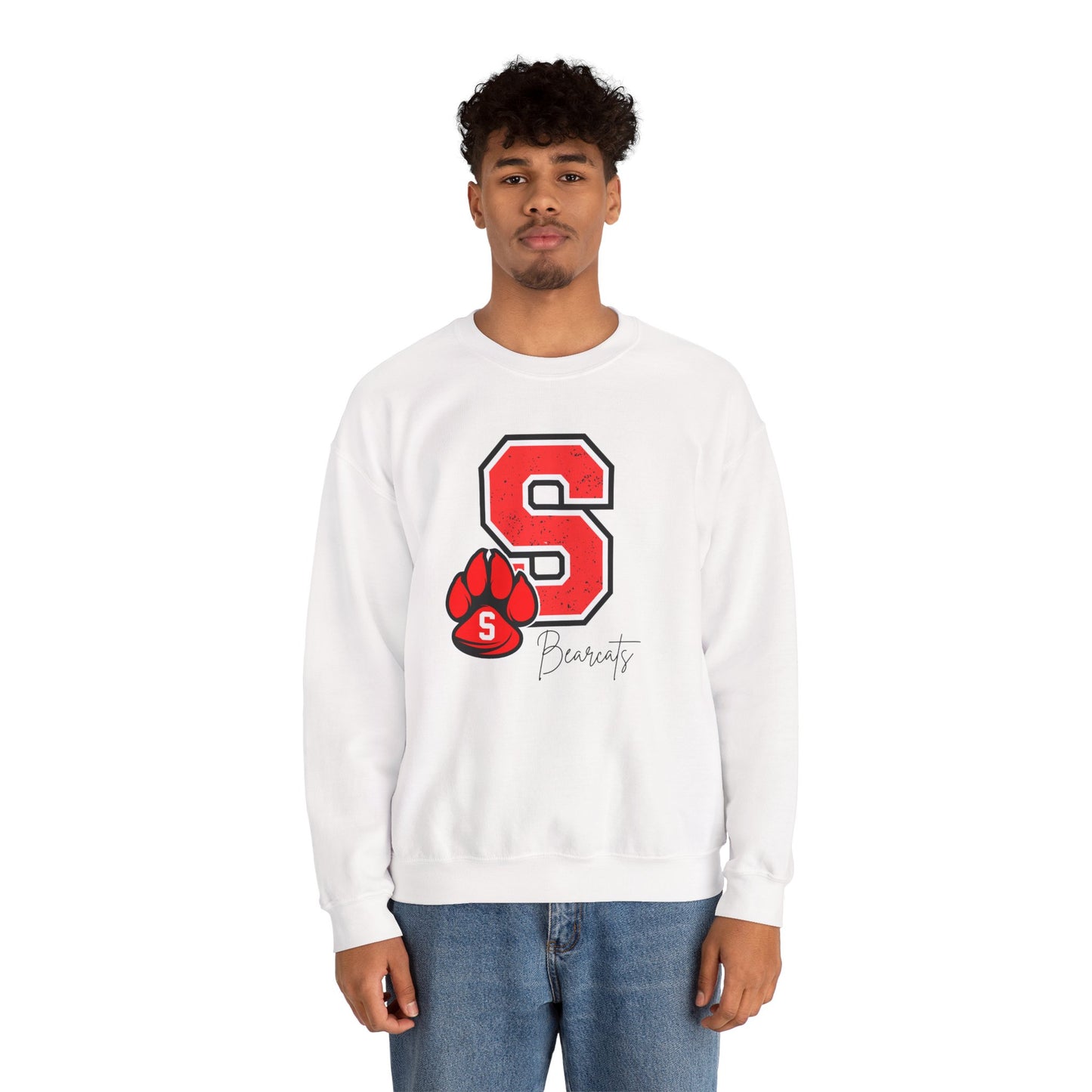 White crewneck sweatshirt with red S paw graphic and Bearcats logo on front