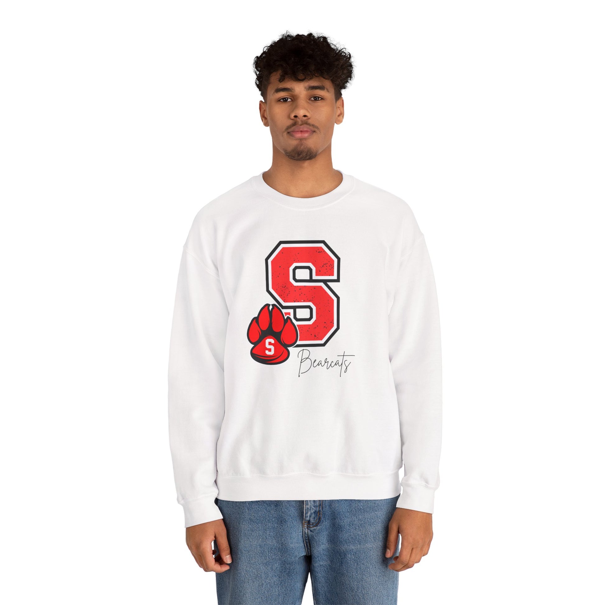 White crewneck sweatshirt with red S paw graphic and Bearcats logo on front