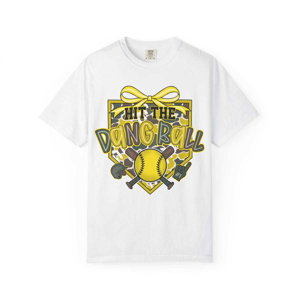 White softball graphic tee with yellow bow, baseball, and 'Hit the Dang Ball' print