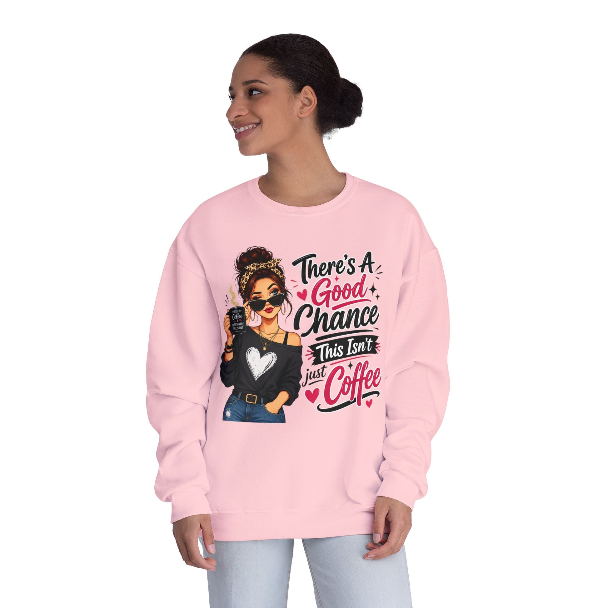 Pink crewneck sweatshirt with woman holding coffee graphic and slogan, worn