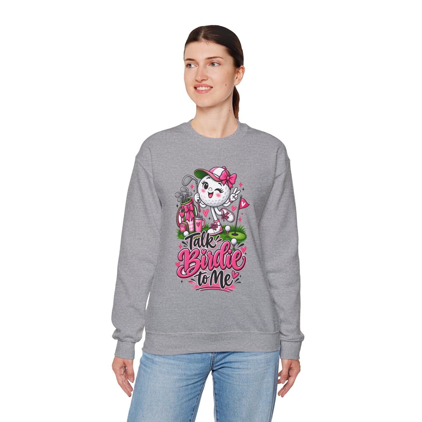 Light gray crewneck sweatshirt with golf-ball character graphic centered on chest