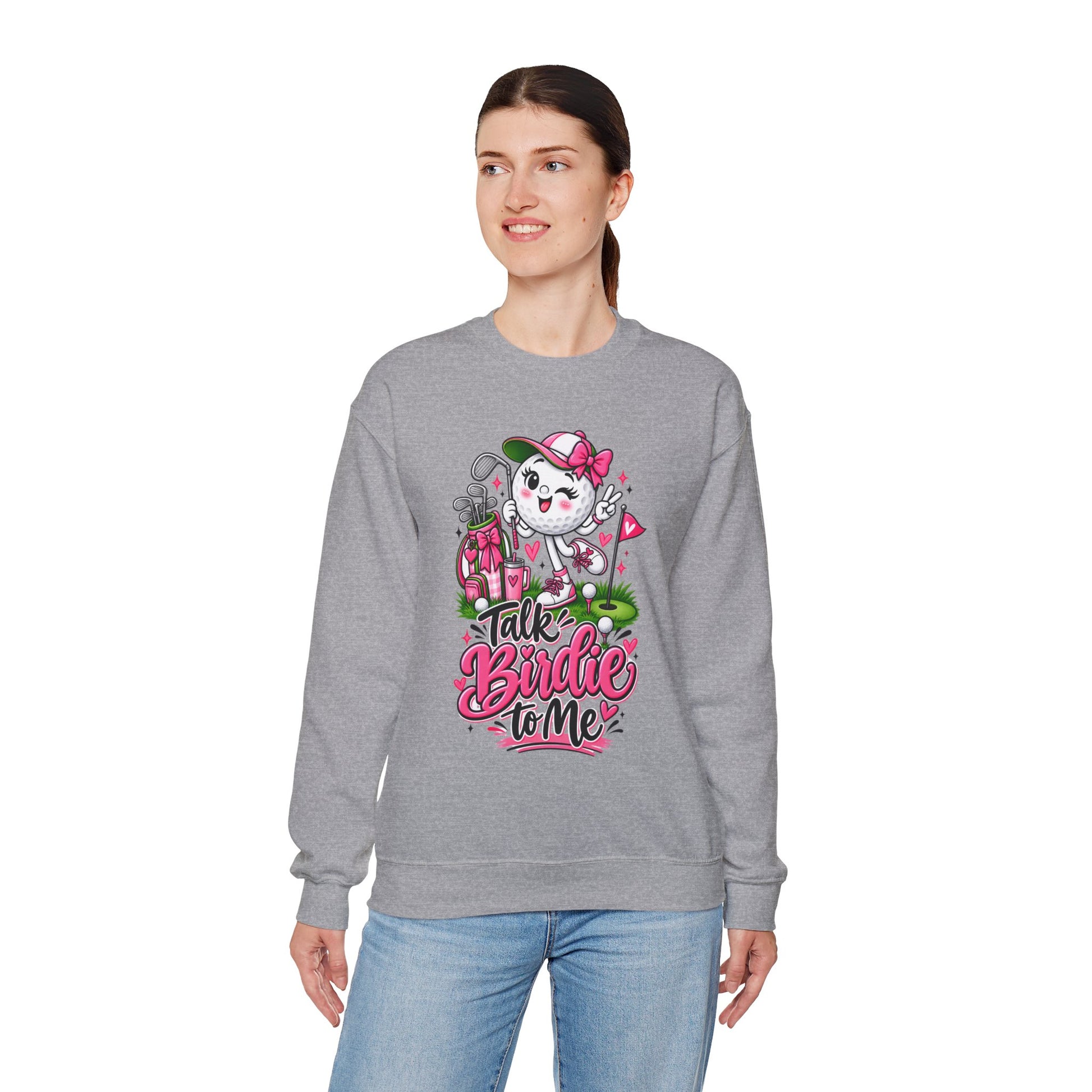 Light gray crewneck sweatshirt with golf-ball character graphic centered on chest