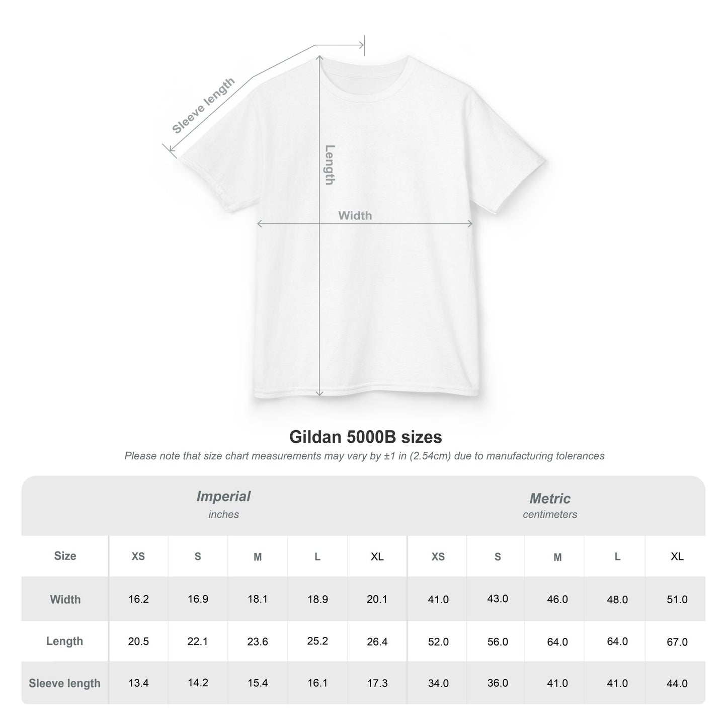 White kids T-shirt flat-lay with size chart and sleeve measurement text