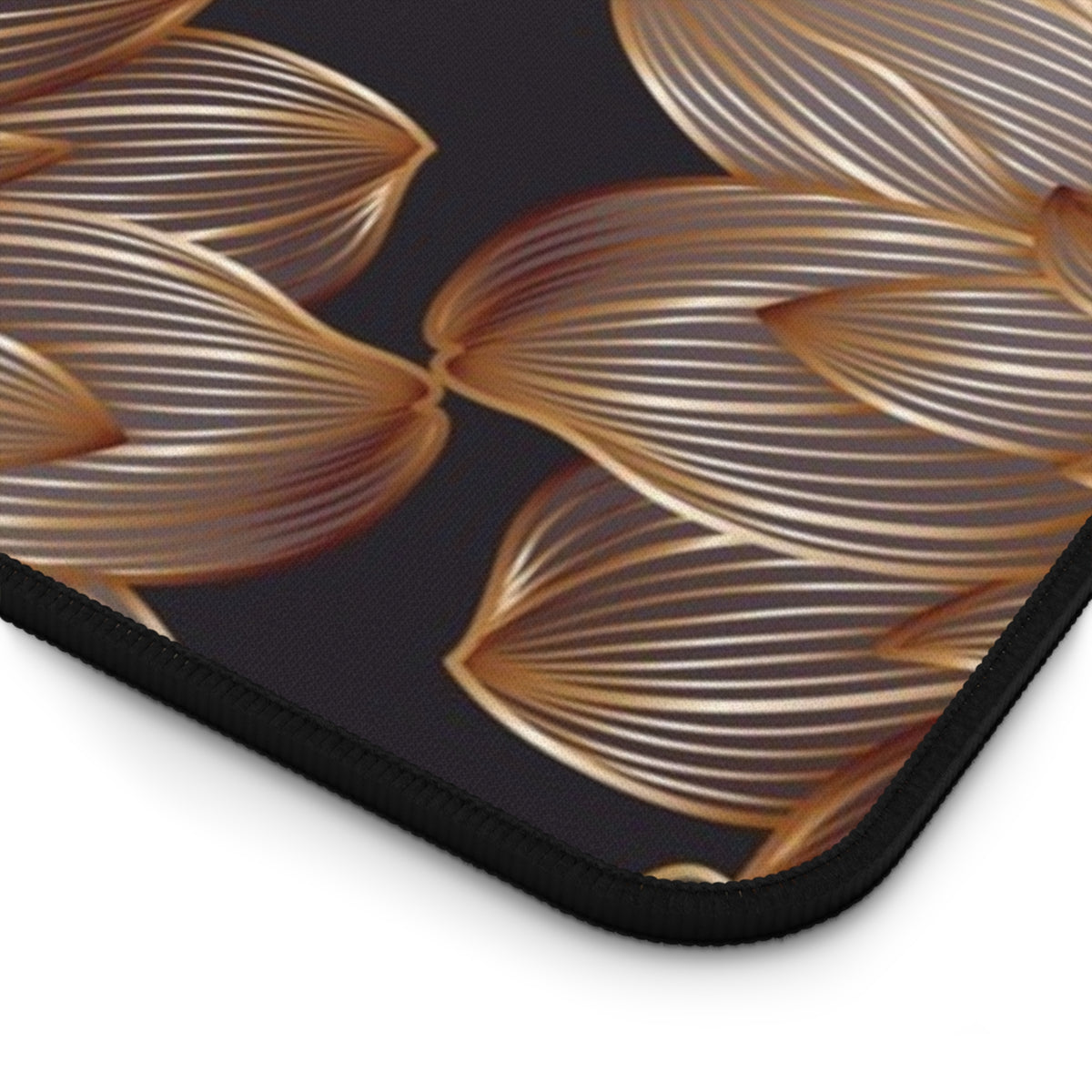 Large desk mat corner with gold leaf floral design and black stitched edge