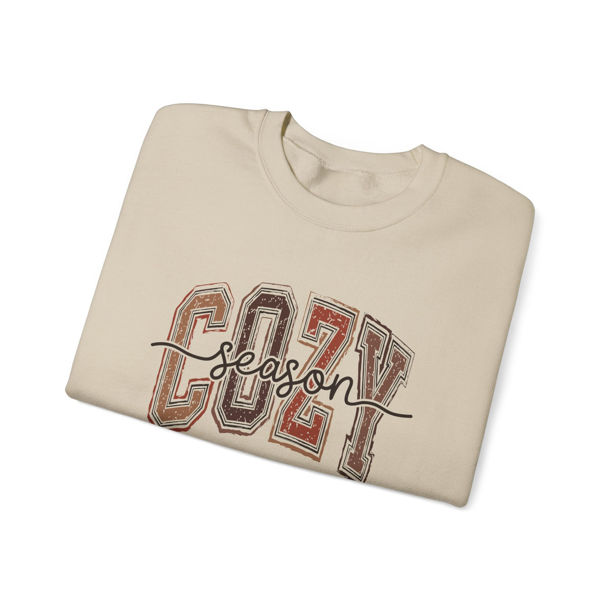 Sand crewneck sweatshirt with Cozy Season graphic, folded front view