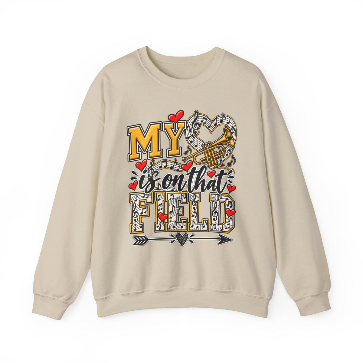 Sand sweatshirt with heart and trumpet marching-band graphic on the front
