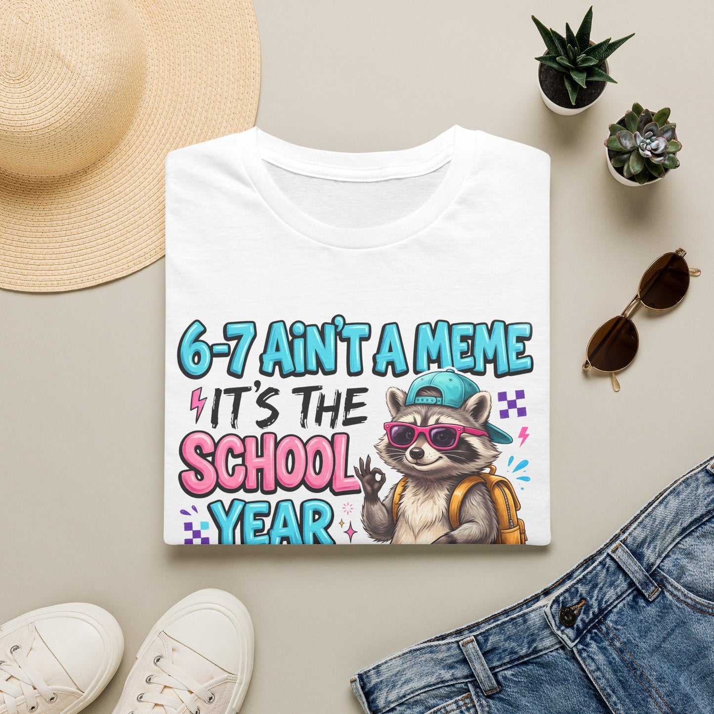 White raccoon back-to-school T-shirt with front school-year graphic and backpack