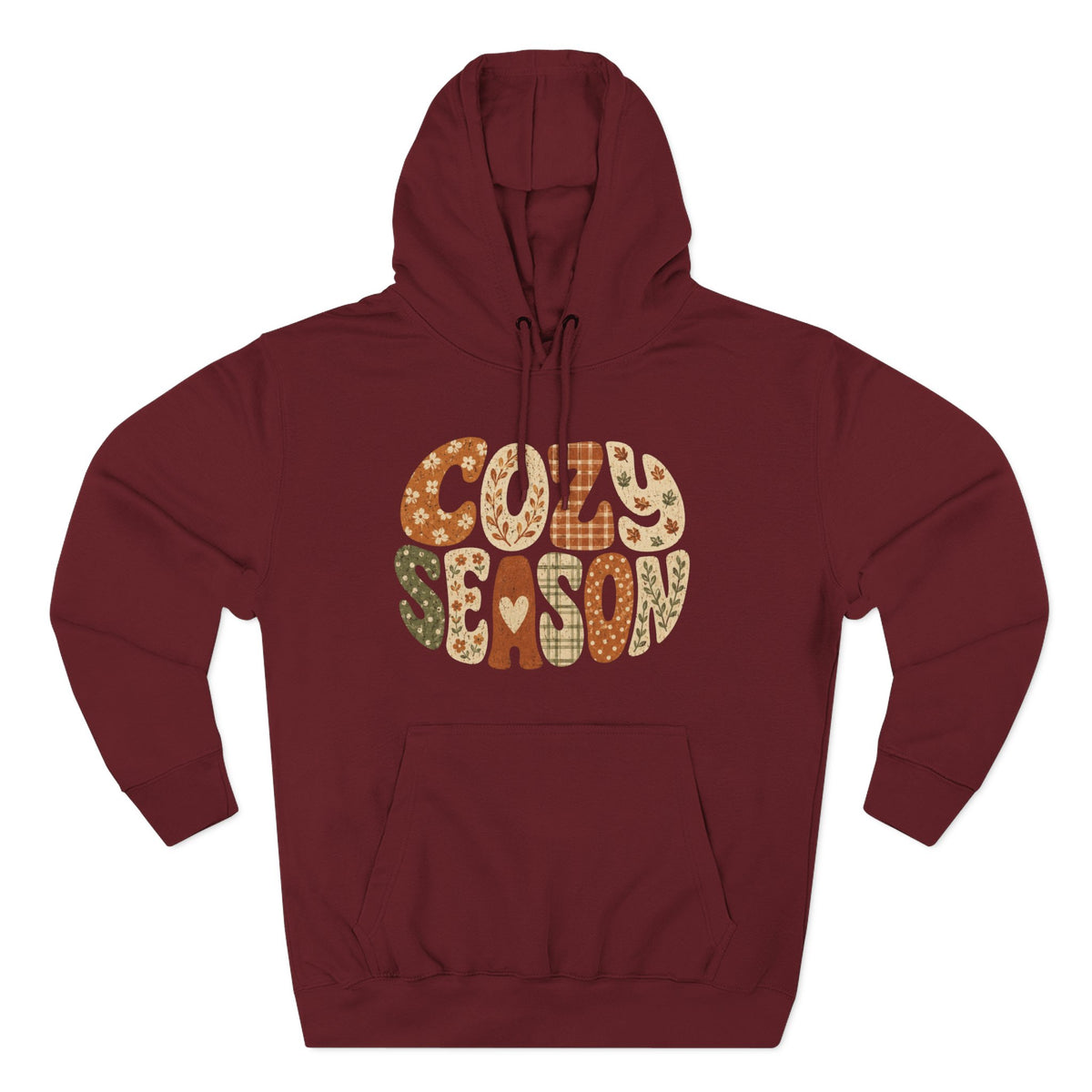 Burgundy fleece pullover hoodie with “COZY SEASON” leopard-style graphic on front