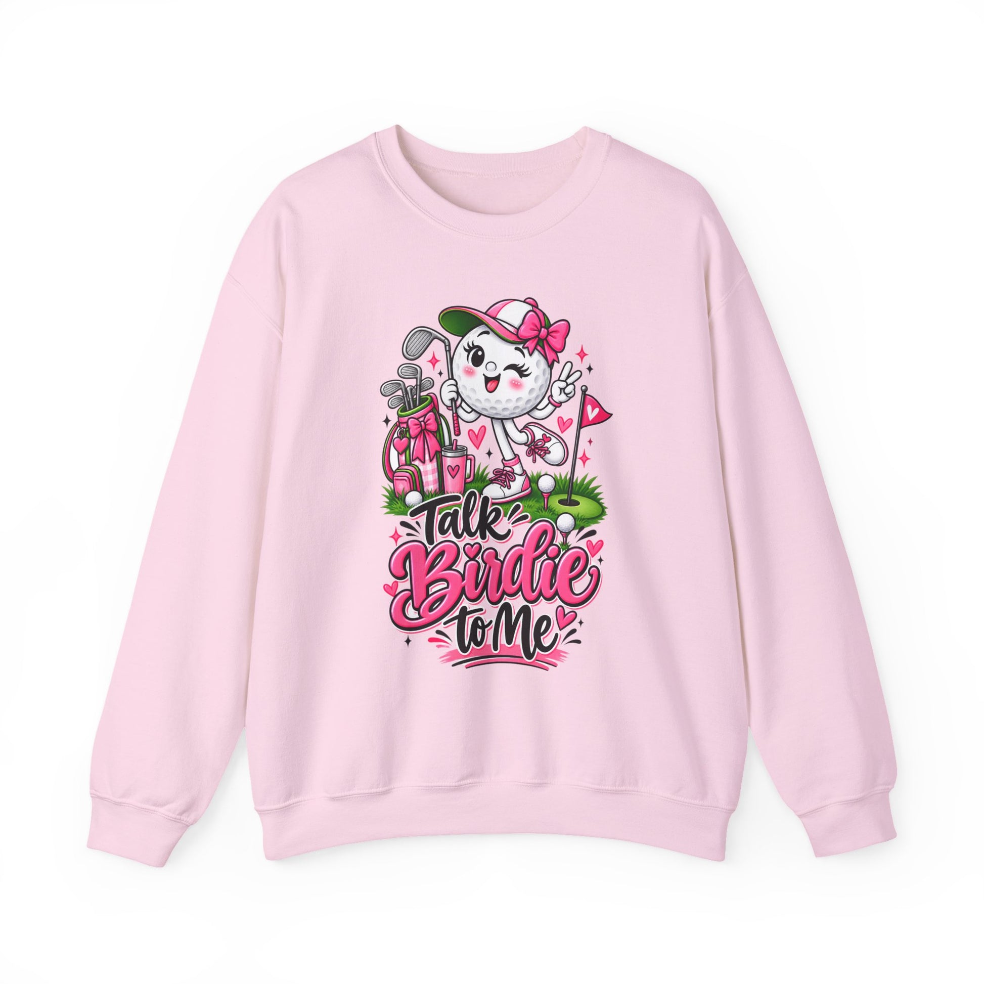 Light pink crewneck sweatshirt with cute golf cat graphic and pink floral hearts design