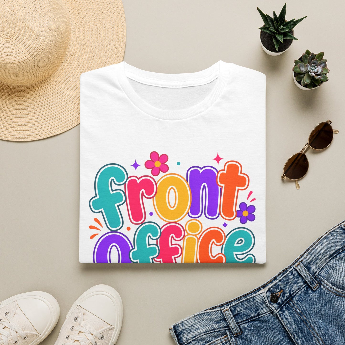 White T-shirt with large colorful 'Front Office' retro floral text print