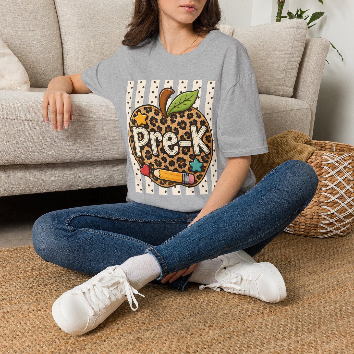 Sport grey preschool T-shirt with leopard apple Pre-K graphic front
