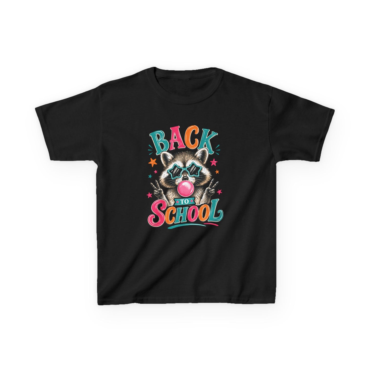 Kids black crewneck T-shirt with colorful “Back to School” raccoon graphic