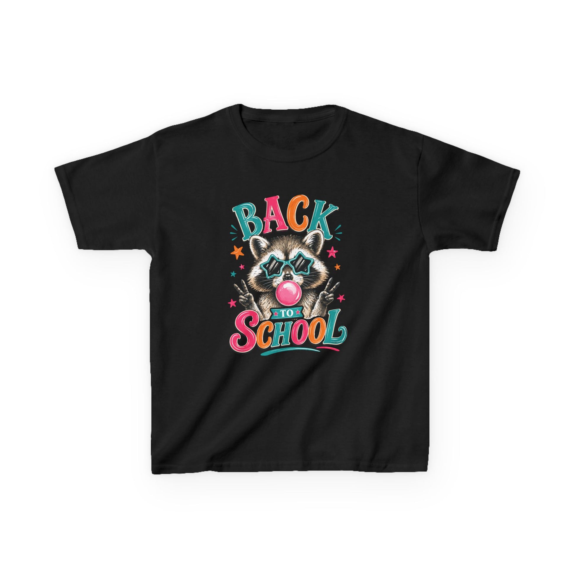 Kids black crewneck T-shirt with colorful “Back to School” raccoon graphic