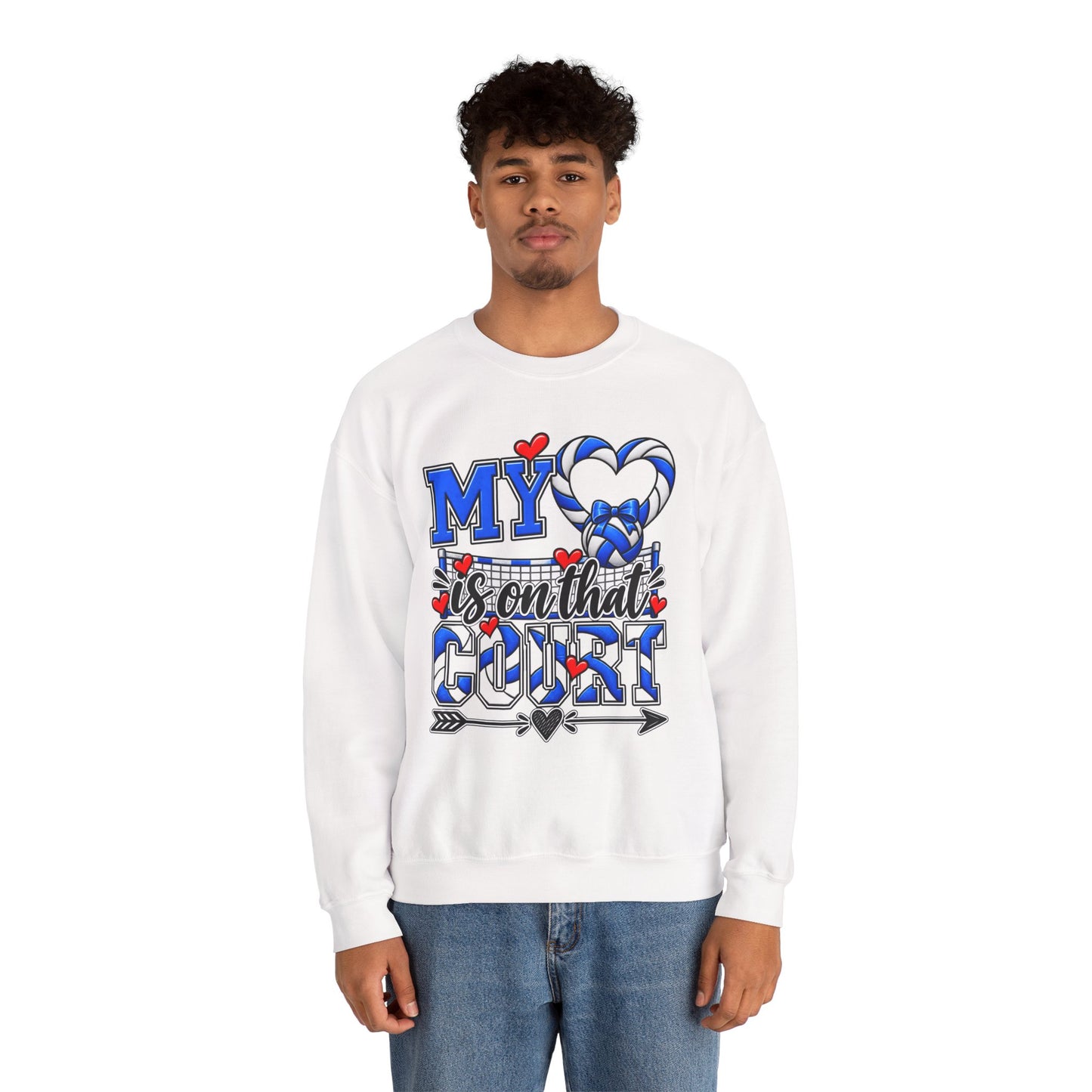White volleyball graphic sweatshirt worn, front view with blue heart court design