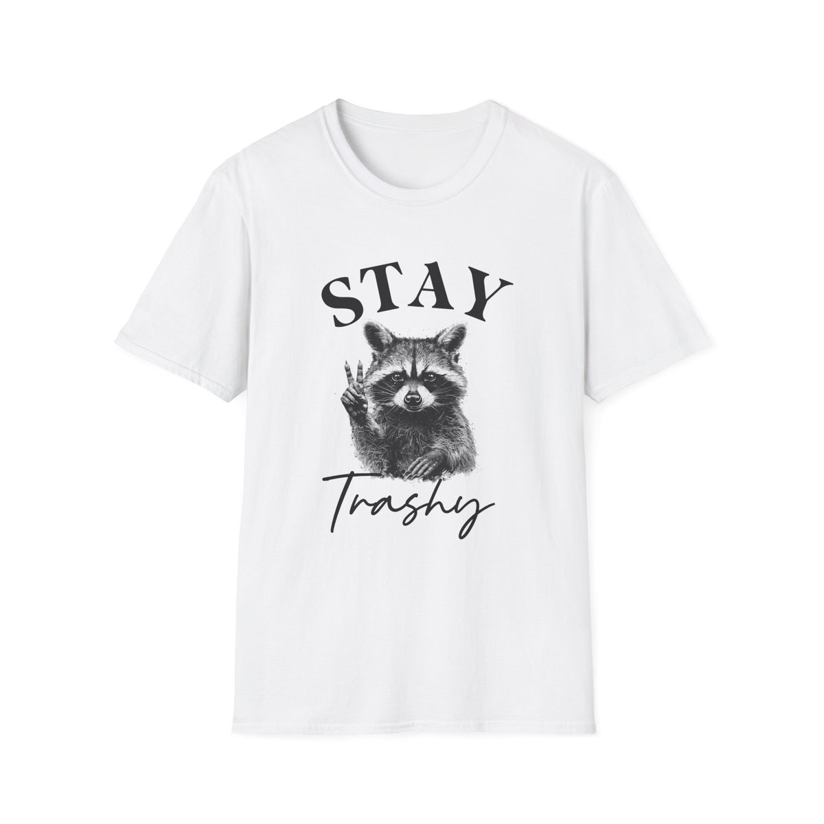 White raccoon graphic T-shirt with “STAY” and “Trashy” front print