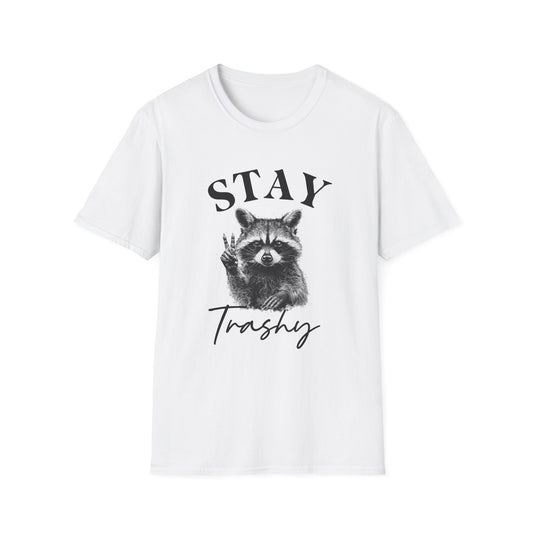 White raccoon graphic T-shirt with “STAY” and “Trashy” front print
