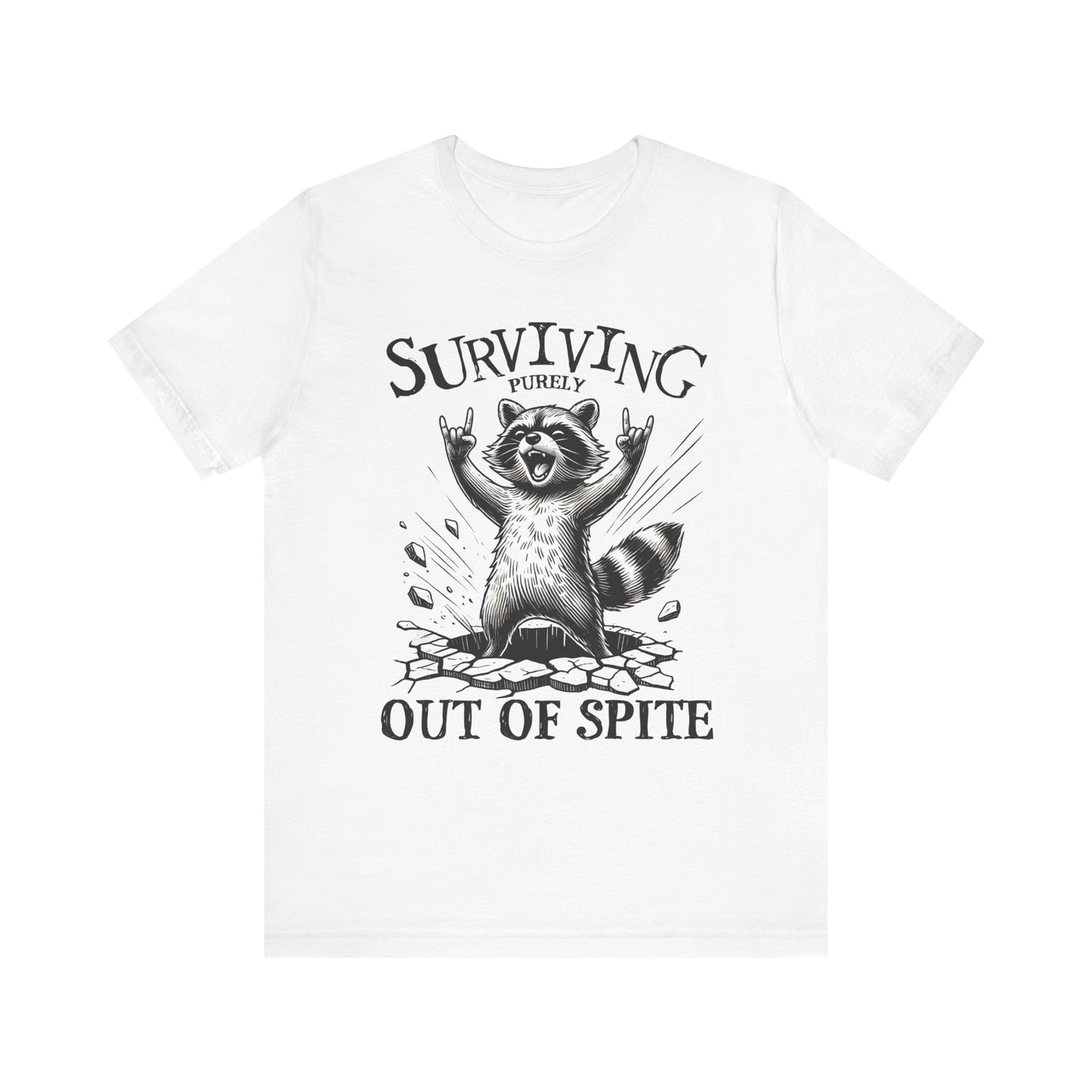 White unisex raccoon graphic tee with slogan “Surviving Out of Spite” on front