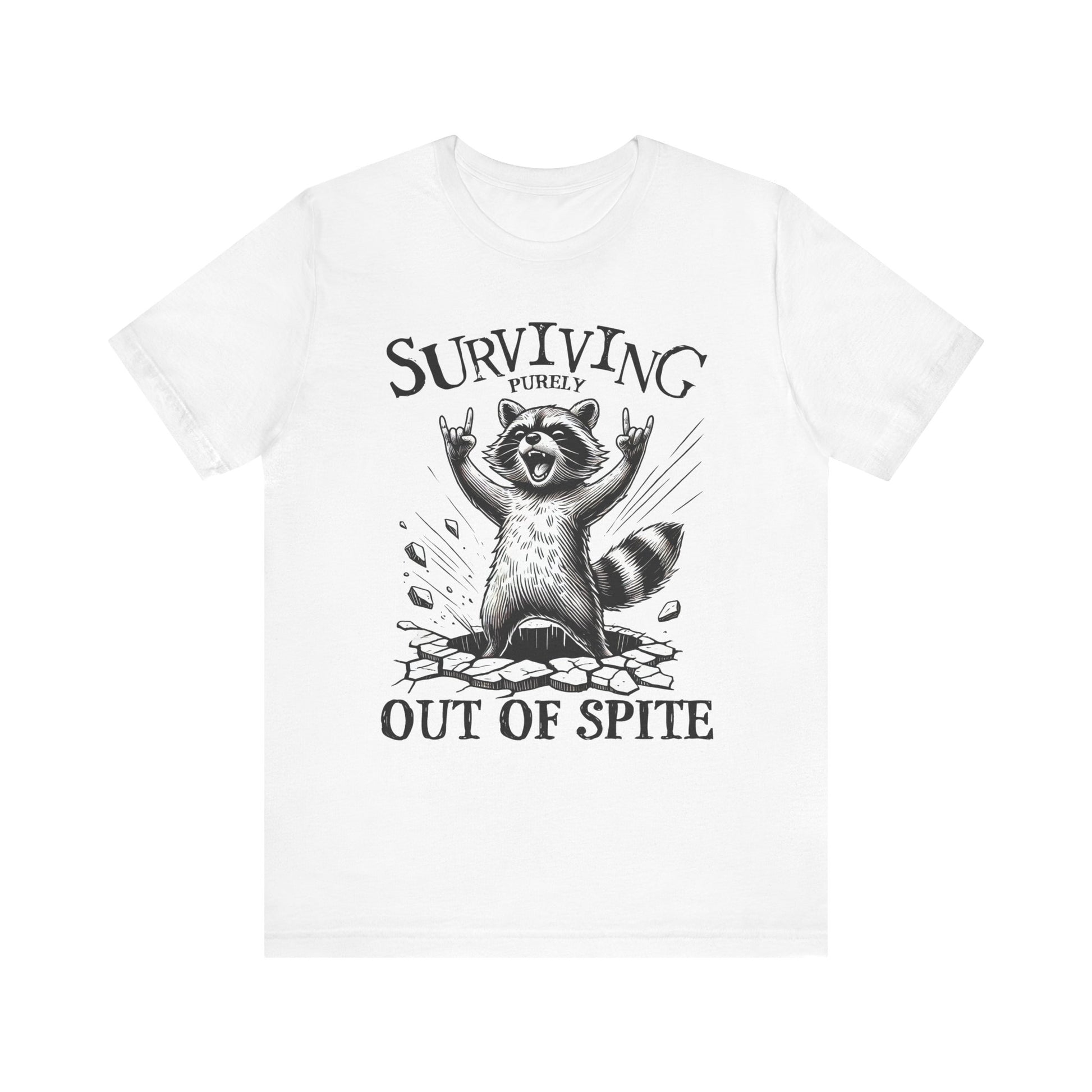 White unisex raccoon graphic tee with slogan “Surviving Out of Spite” on front
