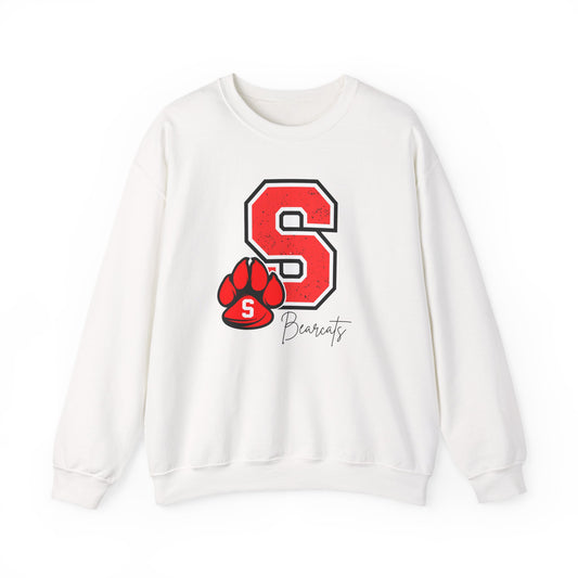 White crewneck sweatshirt with red letter S and red paw logo graphic
