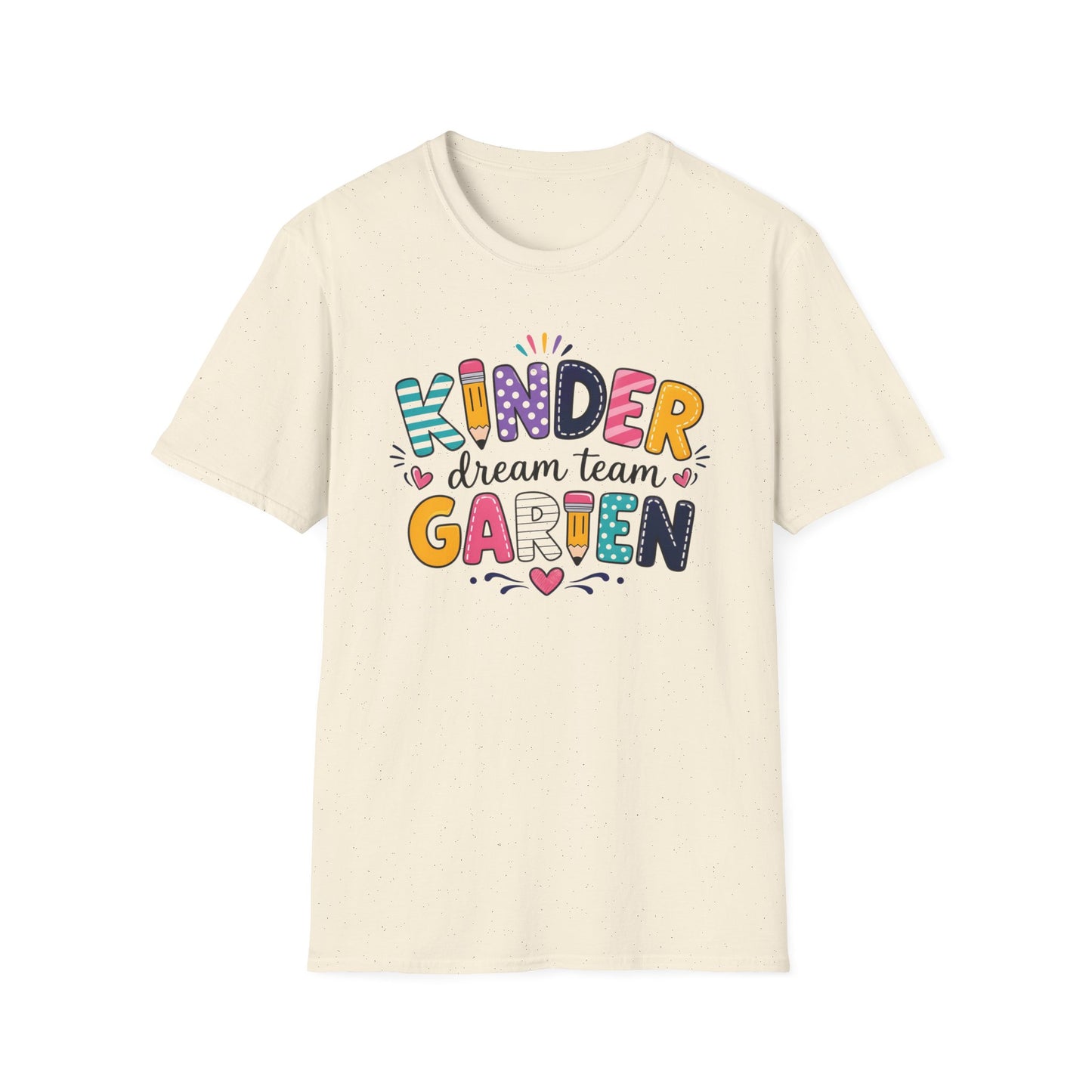 Natural/off-white crew-neck T-shirt with colorful “Kinder Dream Team Garden” print.