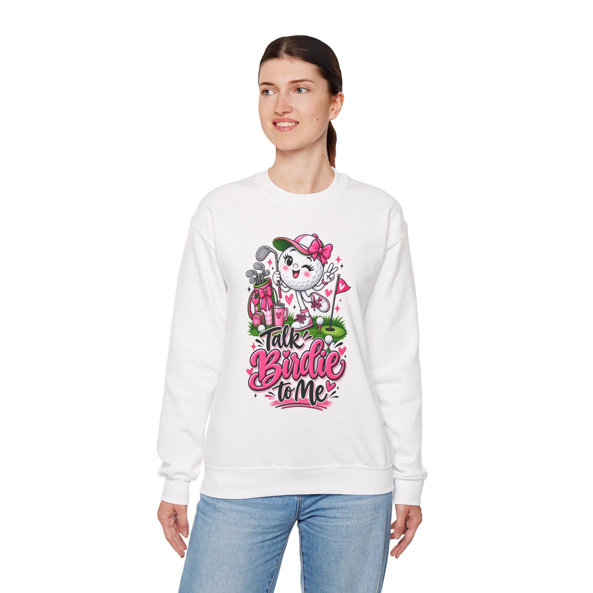 White crewneck sweatshirt on model with golf cat character graphic and pink floral hearts