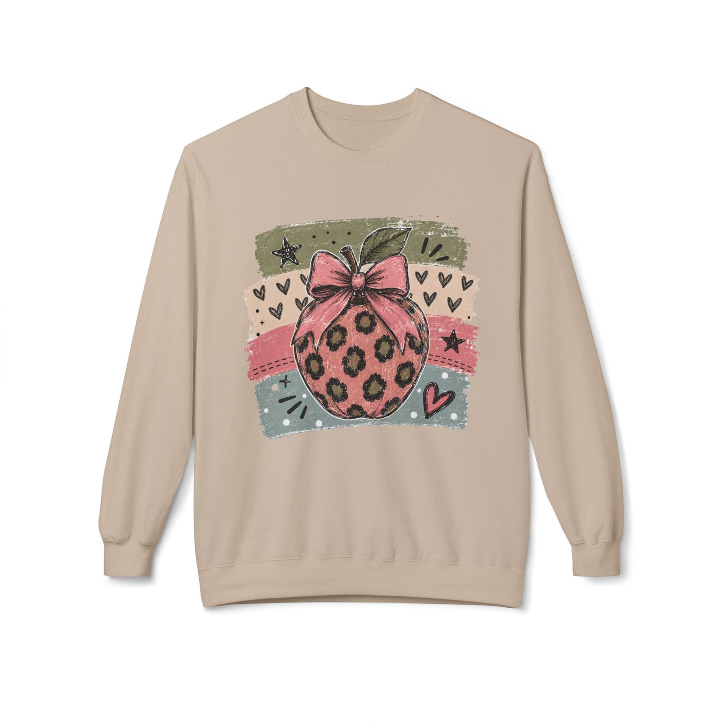 Sand sweatshirt with front graphic leopard ornament with pink bow and heart motifs.