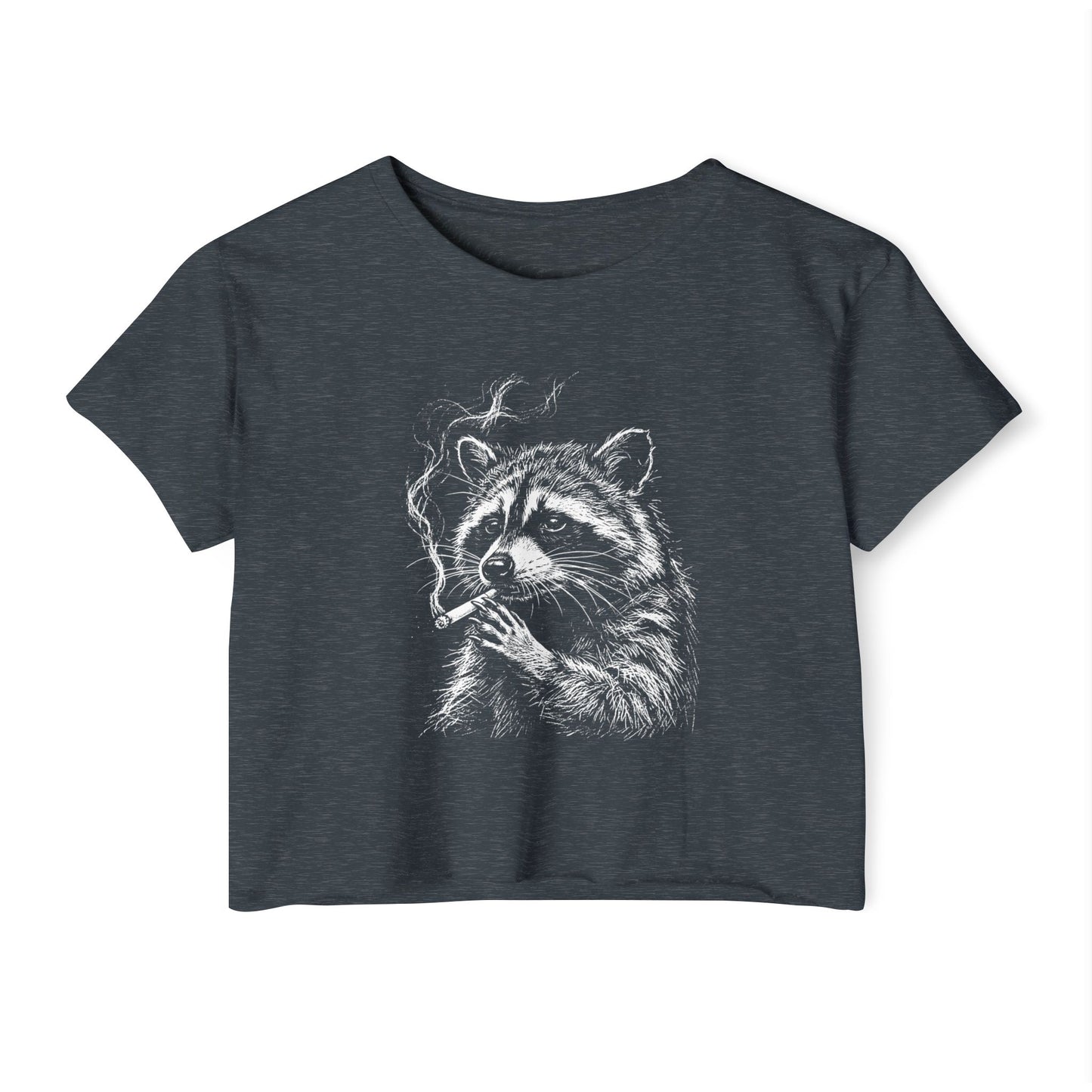 Charcoal dark gray crop top with white raccoon face and paw graphic