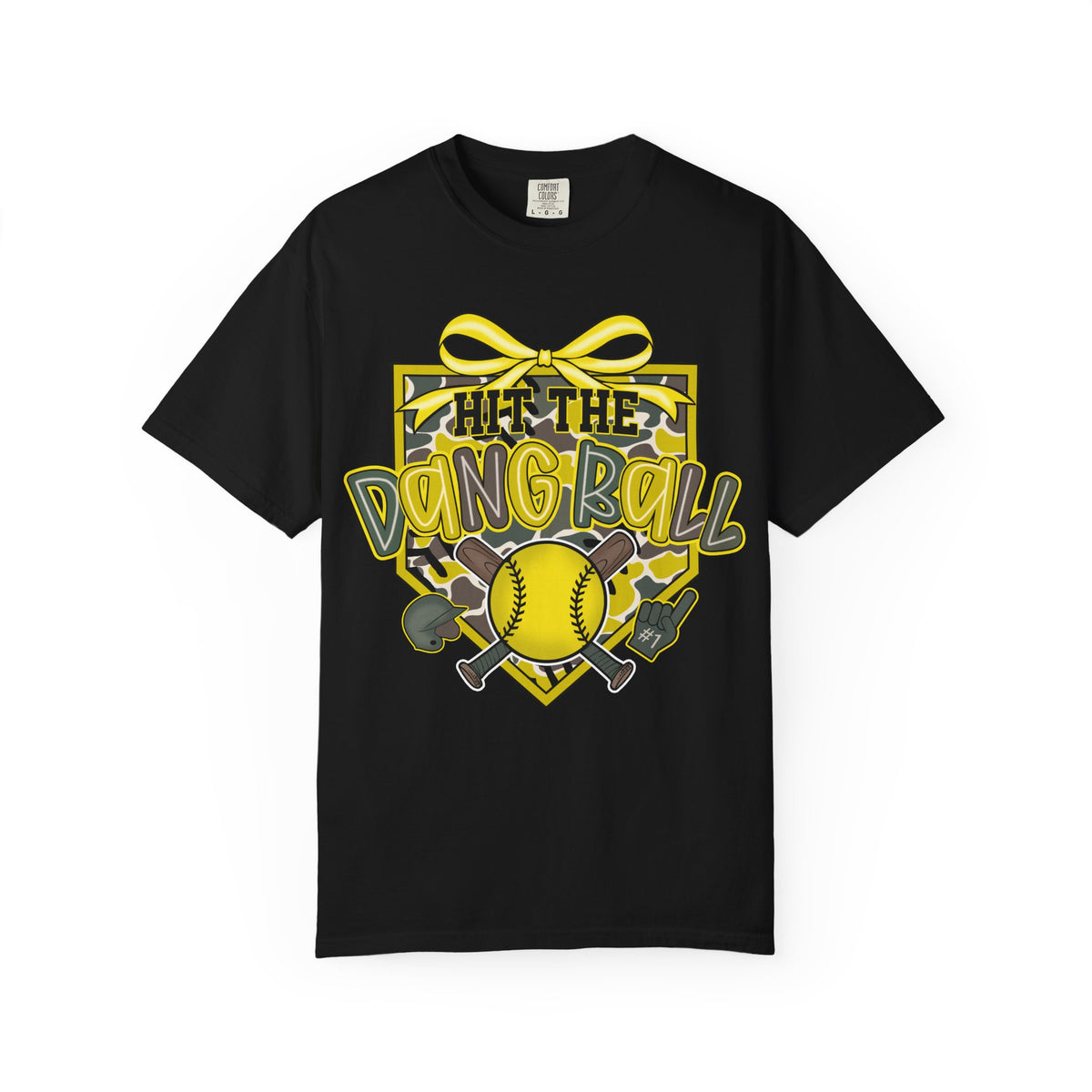 Black softball graphic tee with yellow bow, baseball emblem, and 'Hit the Dang Ball' text