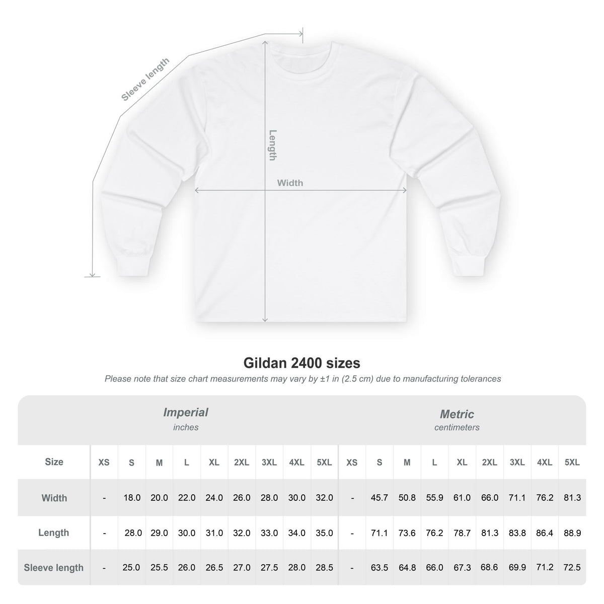 White long-sleeve T-shirt size guide diagram with measurement chart