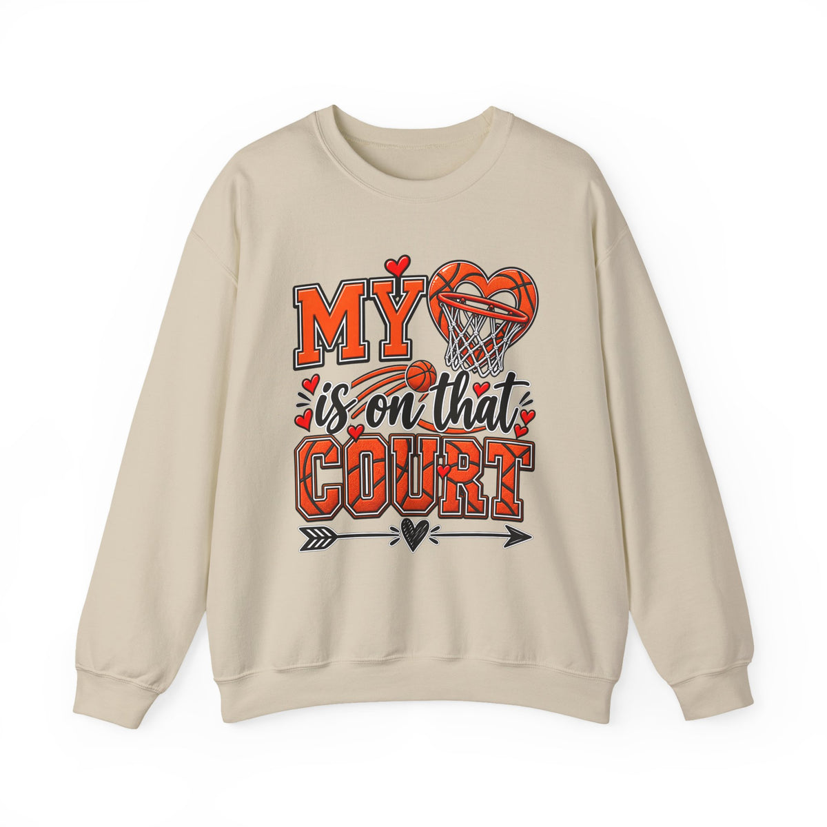 Sand crewneck sweatshirt with basketball heart graphic and bold “Court” text on chest