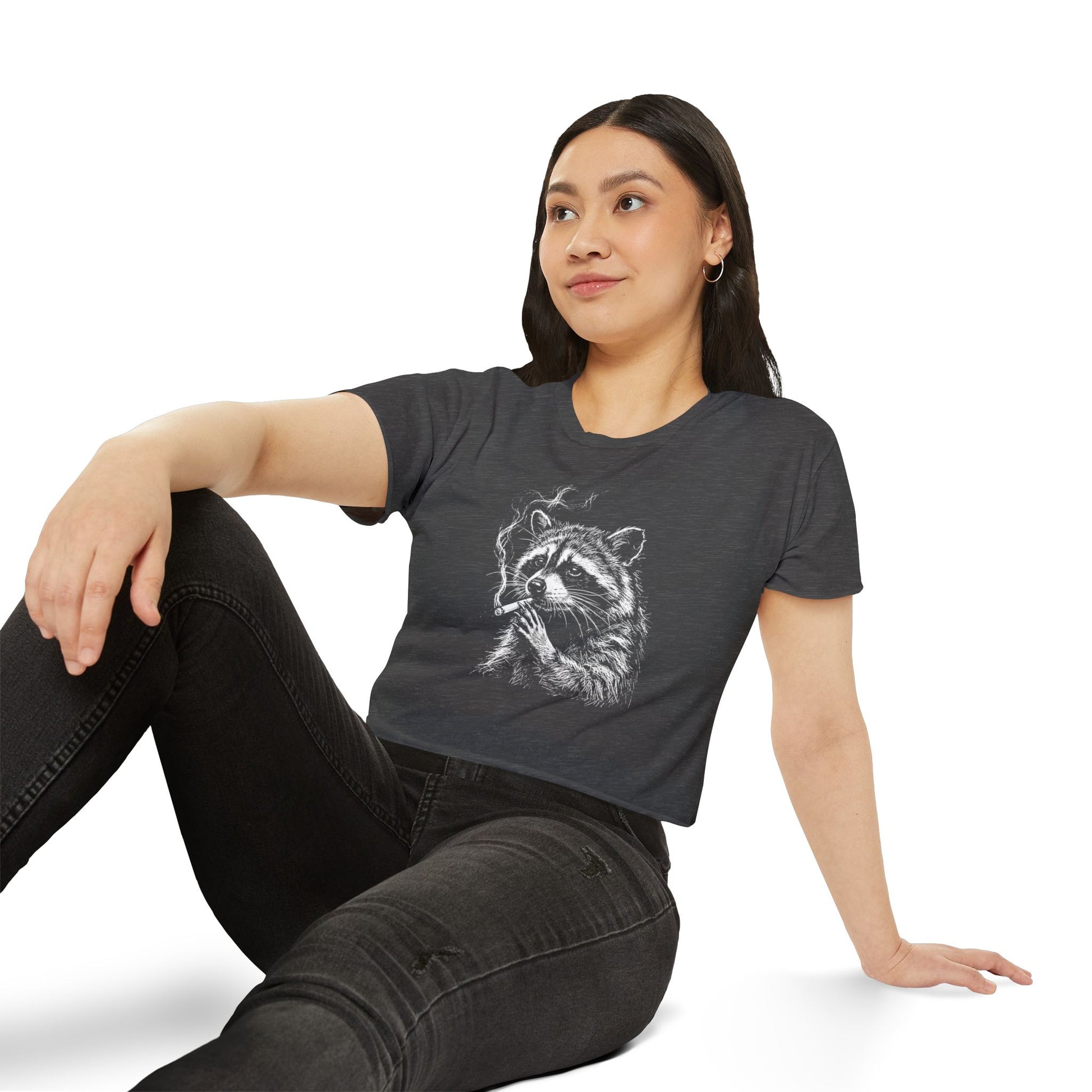 Dark gray cropped T-shirt with raccoon illustration graphic on front, crew neck